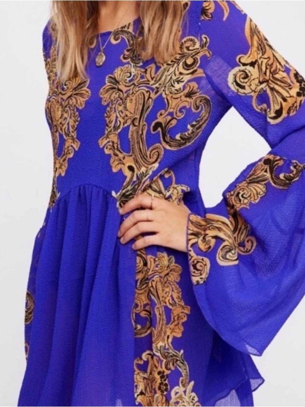 Free People Symphony Slip Dress Boho Bell Sleeve Babydoll Royal M Blue B82